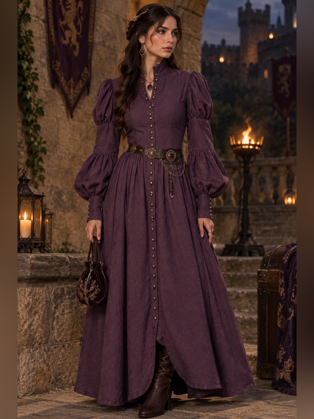 Romantic Long-Sleeve Purple Maxi Dress with Button Front